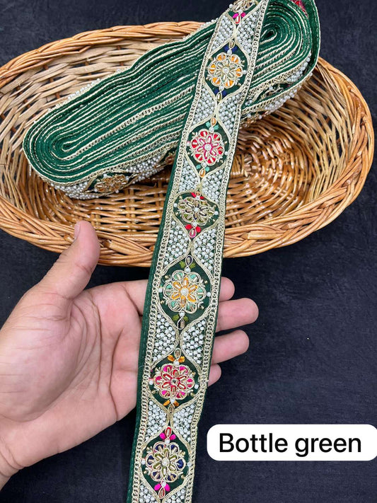 Multicoloured Bead Work Designer Lace on Net Fabric for Sarees & Lehengas (9 Meter) | Bottle Green