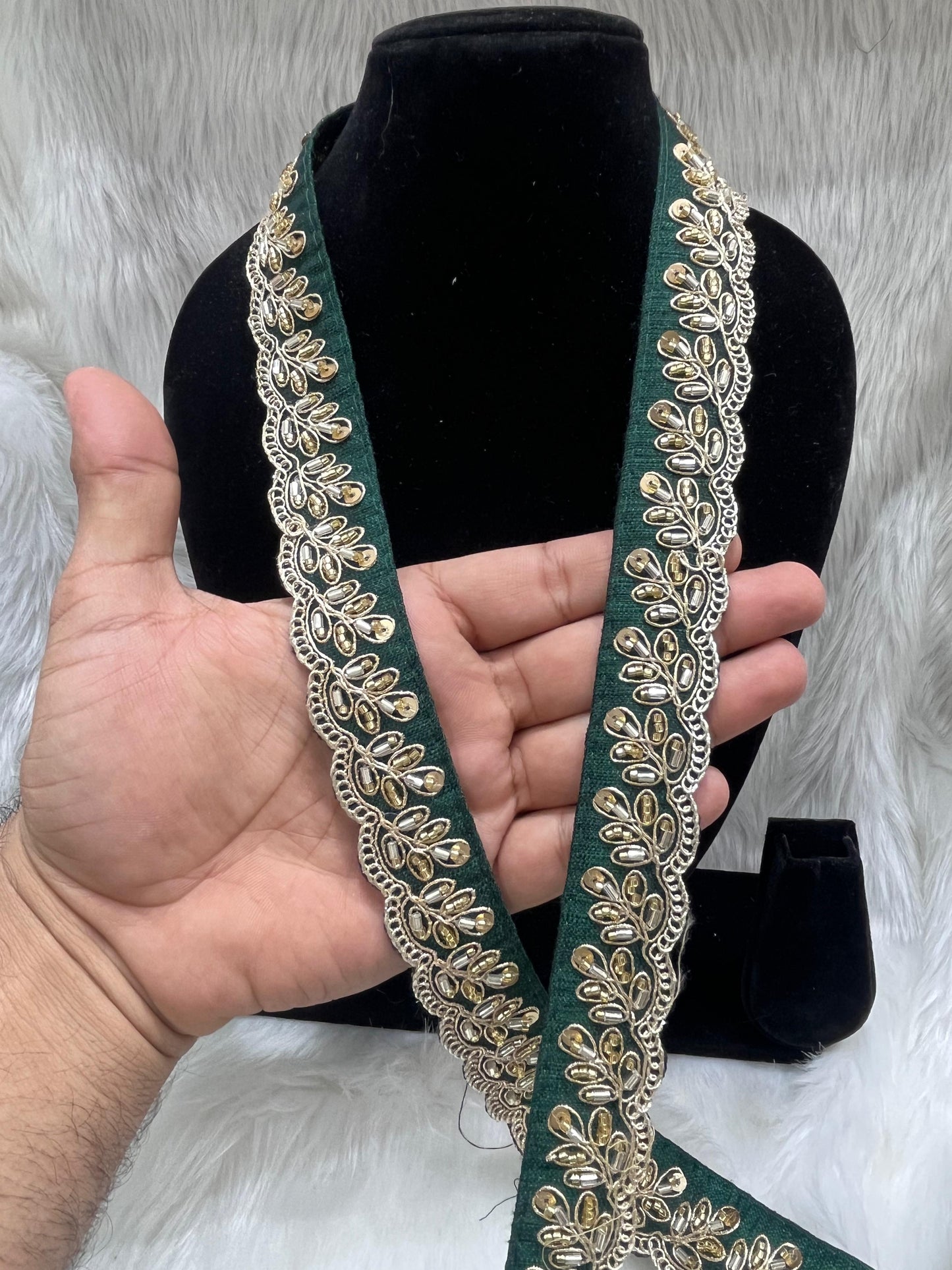 Designer Maggam Work Lace Border – 9 Meters, 1-Inch Width, Handcrafted Embroidery | Bottle Green
