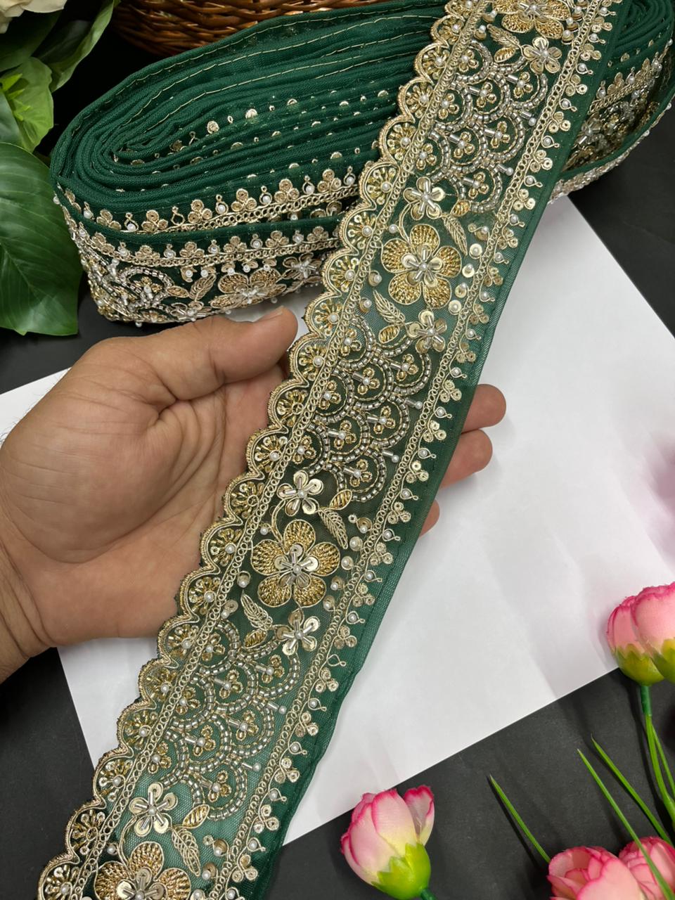 Exclusive Flower Embroidered Saree Lace Design – Premium Maggam Work Lace Border for Ethnic Wear | Bottle Green