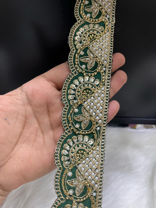 Vibrant Cutdana Beaded Embroidered Lace Border for Sarees and Dupatta – 9 Meters, 2-Inch Width | Bottle Green