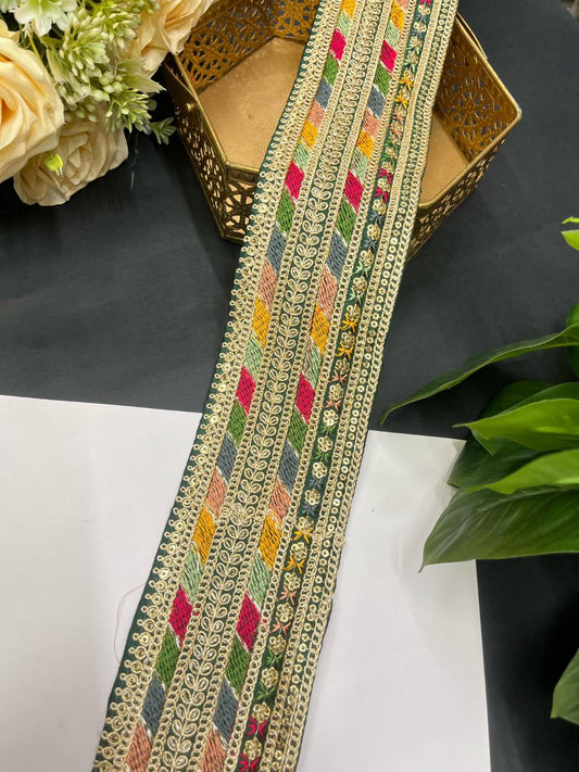 Sabyasachi Inspired Embroidery Lace – 9 Meters, 3-Inch Width | Bottle Green