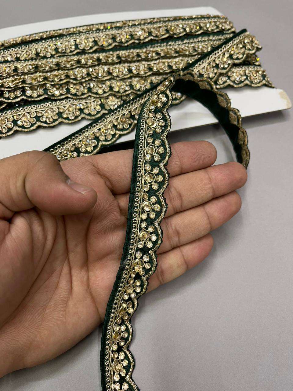 Stonework Embroidery Scalloped Saree Lace – Designer Maggam Work Border for Sarees, Dupattas & Lehengas (9 Meter, 0.5 Inch Width) | Bottle Green