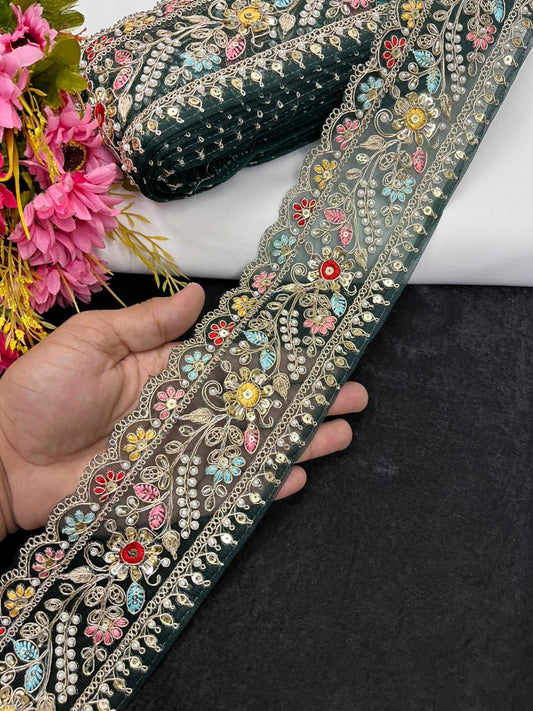 Multicoloured Flower Design Maggam Work Saree Lace – Designer Embroidered Border for Sarees, Blouses & Lehengas (3.5 Inch) | Bottle Green