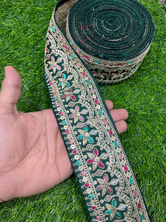 Embroidered Sari Lace Borders for Wedding Saree, Dupatta, Gowns, Lehenga – 9 Meters, 2.5-Inch Width | Bottle Green