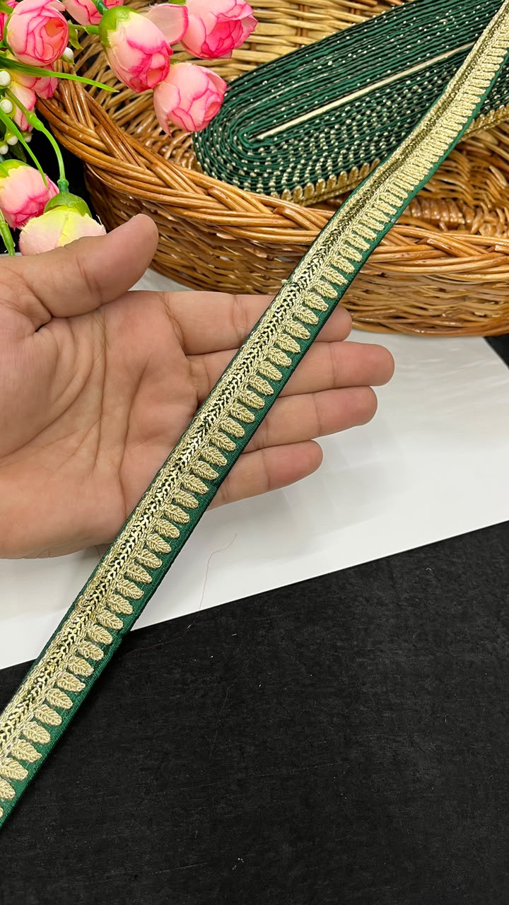 Silk Fabric Embroidered Saree Lace for Sarees, Lehengas, Dupattas & Blouses – Designer Embroidery Lace Border (1 Inch) | DC1066 | Bottle Green