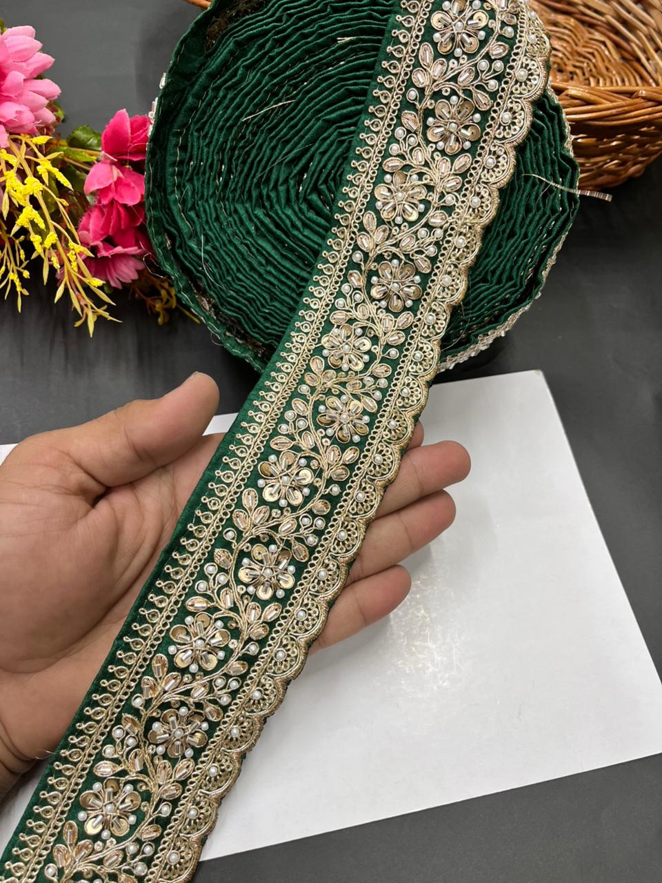 Beaded Embroidered Bridal Laces – Premium Maggam Work Borders for Sarees, Lehengas & Dupattas (9 Meter, 2.5 Inch Width) | Bottle Green