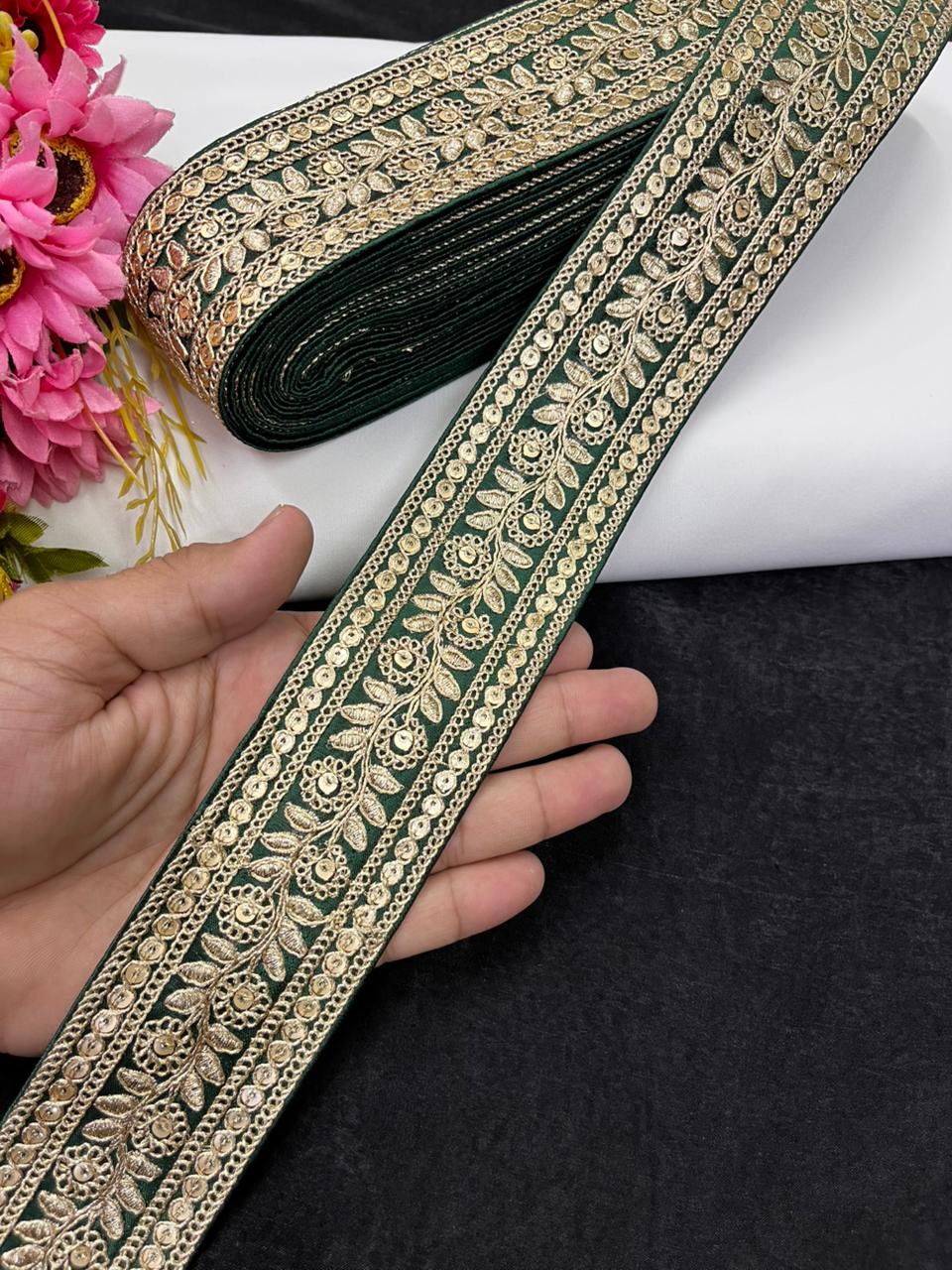 Leaf Style Embroidered Designer Lace Border for Sarees, Kurtis & Dresses – Elegant Ethnic Embroidery Lace (2 Inch) | Bottle Green