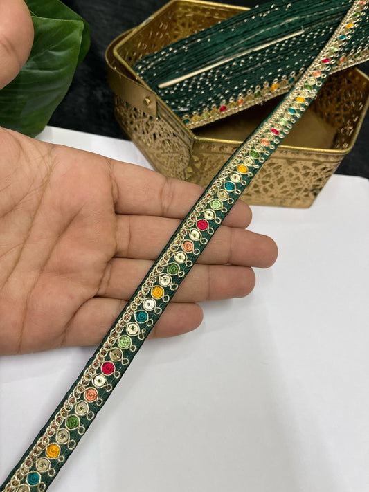 Multicolored Sabyasachi Inspired Embroidered Lace – 9 Meters, 0.5-Inch Designer Trim for Sarees, Lehengas & Dupattas | Bottle Green