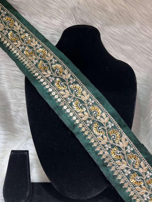 Exclusive Beaded Embroidered Lace – 9 Meters, 2-Inch Maggam Work Border Trim for Sarees & Lehengas | Bottle Green