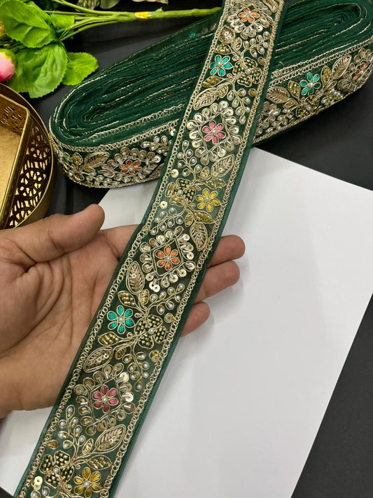 Designer Maggam Work Laces for Sarees – Premium 2 Inch Hand-Embellished Border for Lehengas, Dupattas & Bridal Wear (9 Meter) | Bottle Green