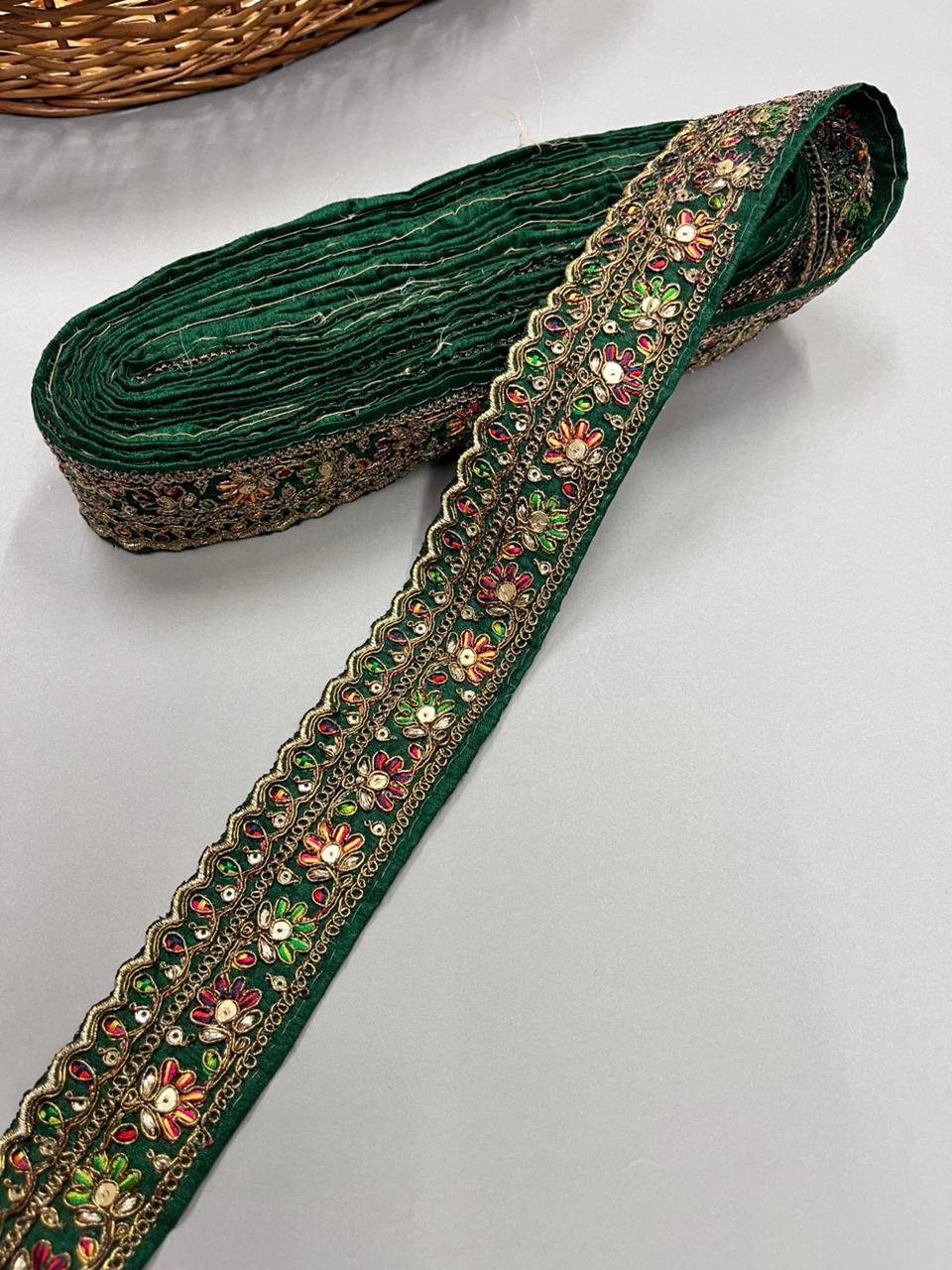 Zari Embroidered Sabyasachi Inspired Lace Border – Premium 2 Inch Designer Decorative Border for Sarees & Bridal Ethnic Wear (9 Meter) | Bottle Green