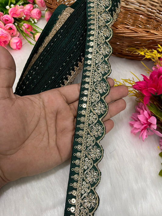 Embroidered Designer Lace – Indian Wedding Trims, Saree Border, 1.5 Inch Wide Lace Reel (9 Mtr) | Bottle Green