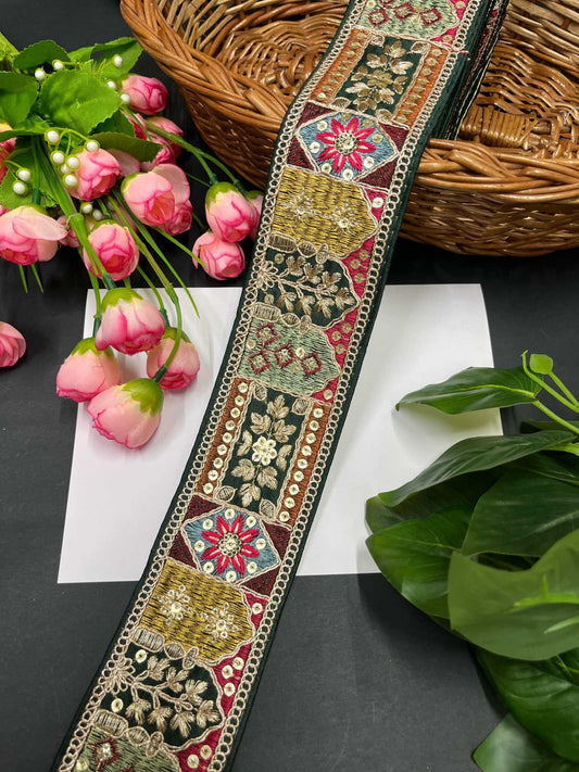Sabyasachi Inspired Embroidered Sari Border with Zari & Sequin – 9 Meters, 2.5-Inch Designer Lace for Sarees & Lehengas | Bottle Green