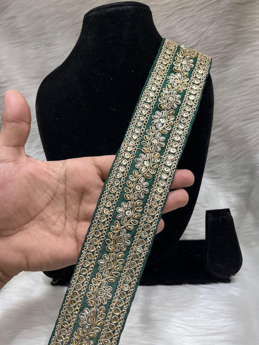 Maggam Work Lace for Saree and Dupatta | Katdana Handmade Lace – 9 Meters, 2-Inch Width | Bottle Green