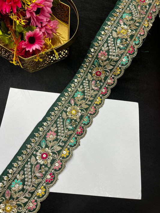 Multicoloured Sabyasachi Inspired Beaded & Katdana Work Saree Lace Border – Premium Maggam Work Trim for Bridal & Designer Wear (9 Meter, 3.5 Inch Width) | Bottle Green