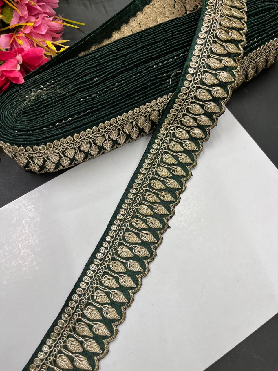 Zari Embroidered Saree Laces – Premium Designer Borders for Sarees, Lehengas & Dupattas (9 Meter, 1.5 Inch Width) | Bottle Green