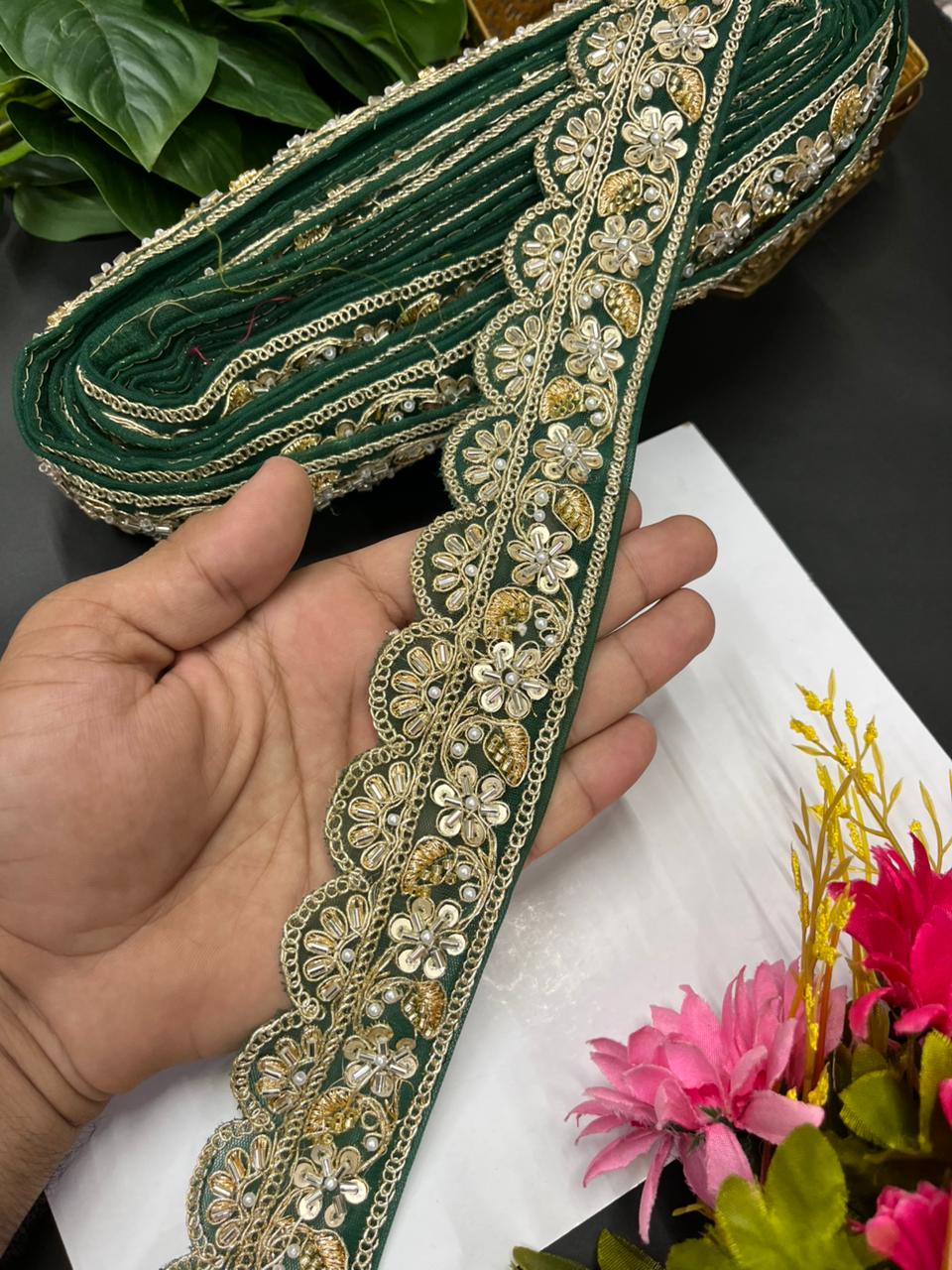 Exclusive Bridal Katdana Bead Work Laces – Designer Maggam Work Borders for Sarees, Lehengas & Dupattas (9 Meter, 2 Inch Width) | Bottle Green