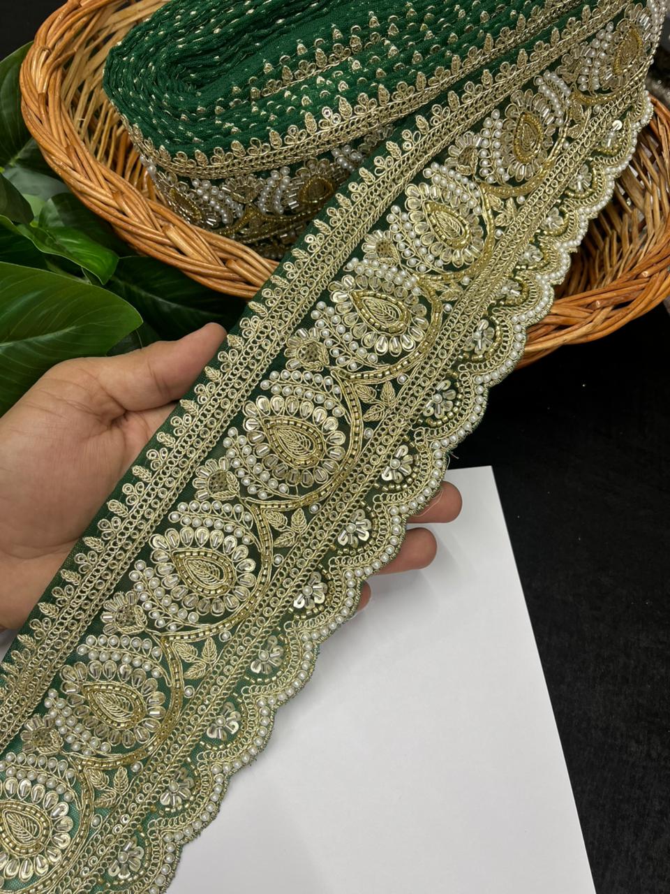 Beautiful Cutdana & Pearl Work Maggam Work Bridal Lace – Premium Designer Bridal Lace | Bottle Green