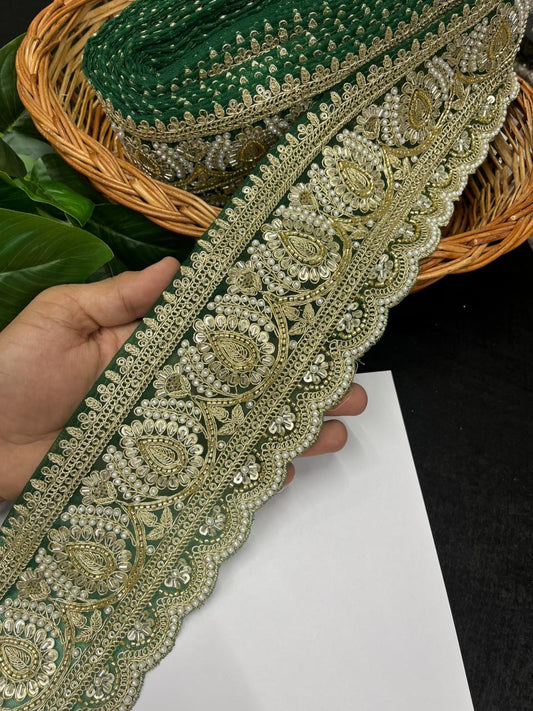 Beautiful Cutdana & Pearl Work Maggam Work Bridal Lace – Premium Designer Bridal Lace | Bottle Green