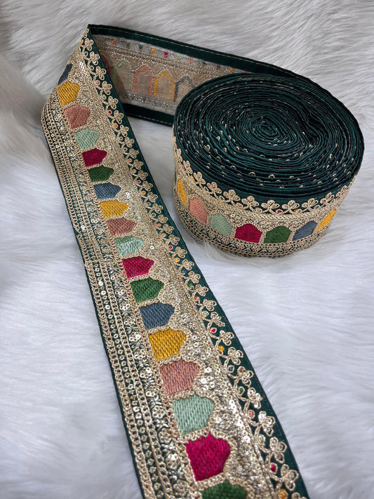 Sabyasachi Inspired Embroidery Lace Borders – 9 Meters, 3-Inch Width, Handcrafted Elegance | Bottle Green
