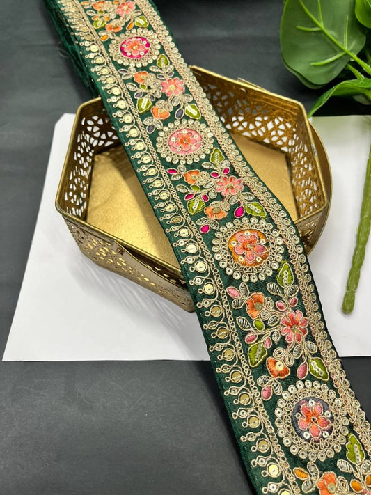 Beautiful Floral Multicoloured Sabyasachi Inspired Saree Lace – Designer Embroidered Border (9 Meter) | Bottle Green