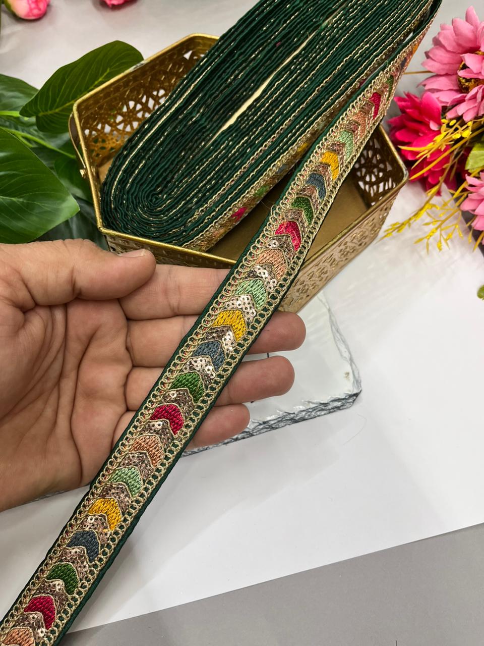 Sabyasachi Style Embroidery Saree Laces – Premium 1 Inch Designer Decorative Lace for Ethnic & Bridal Wear (9 Meter) | Bottle Green