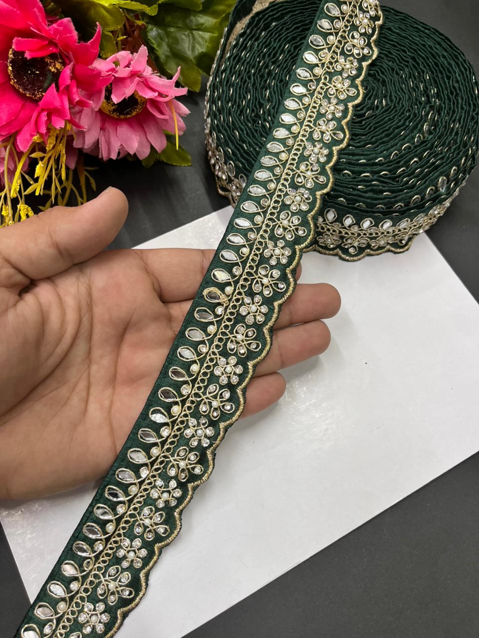 Luxurious Mirror Work with Diamond Laces – Designer Maggam Work Borders for Sarees, Lehengas & Dupattas (9 Meter, 1.5 Inch Width) | Bottle Green