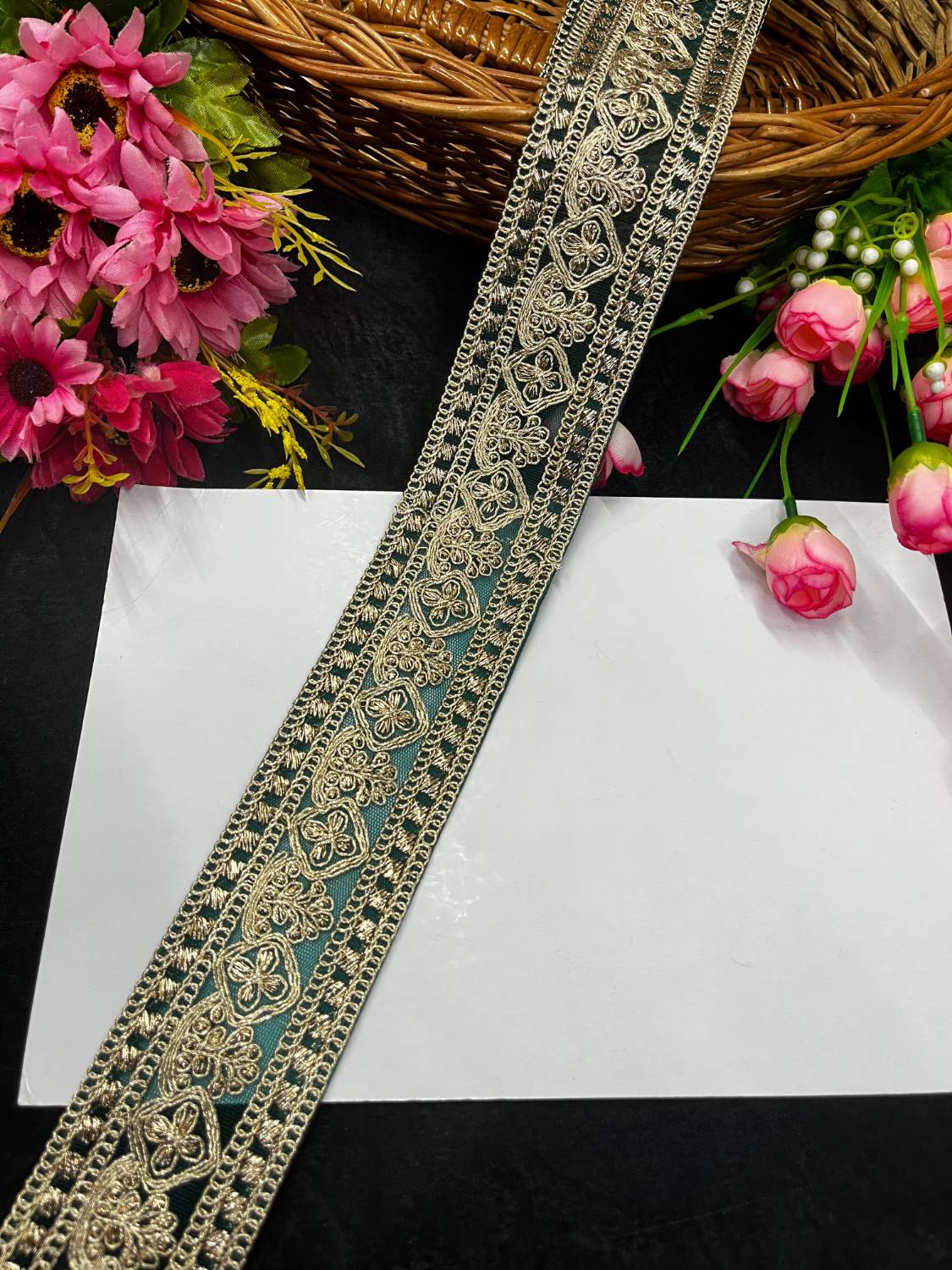 Embroidered Laces for Sarees & Dupattas – Elegant Net Border Trim for Ethnic & Festive Wear (9 Meter, 2 Inch Width) | Bottle Green