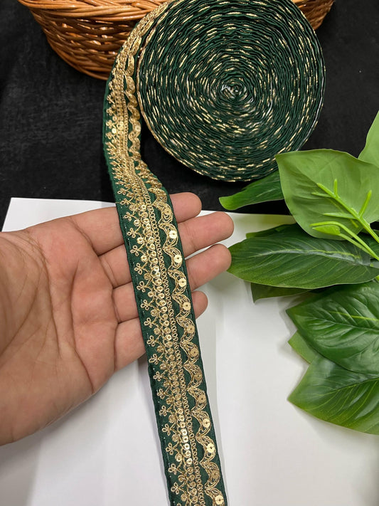 Gold Embroidered Saree Laces for Sarees, Kurtis, Dupattas, Dresses & Lehengas – 9 Meters, 1.25-Inch Decorative Border | Bottle Green