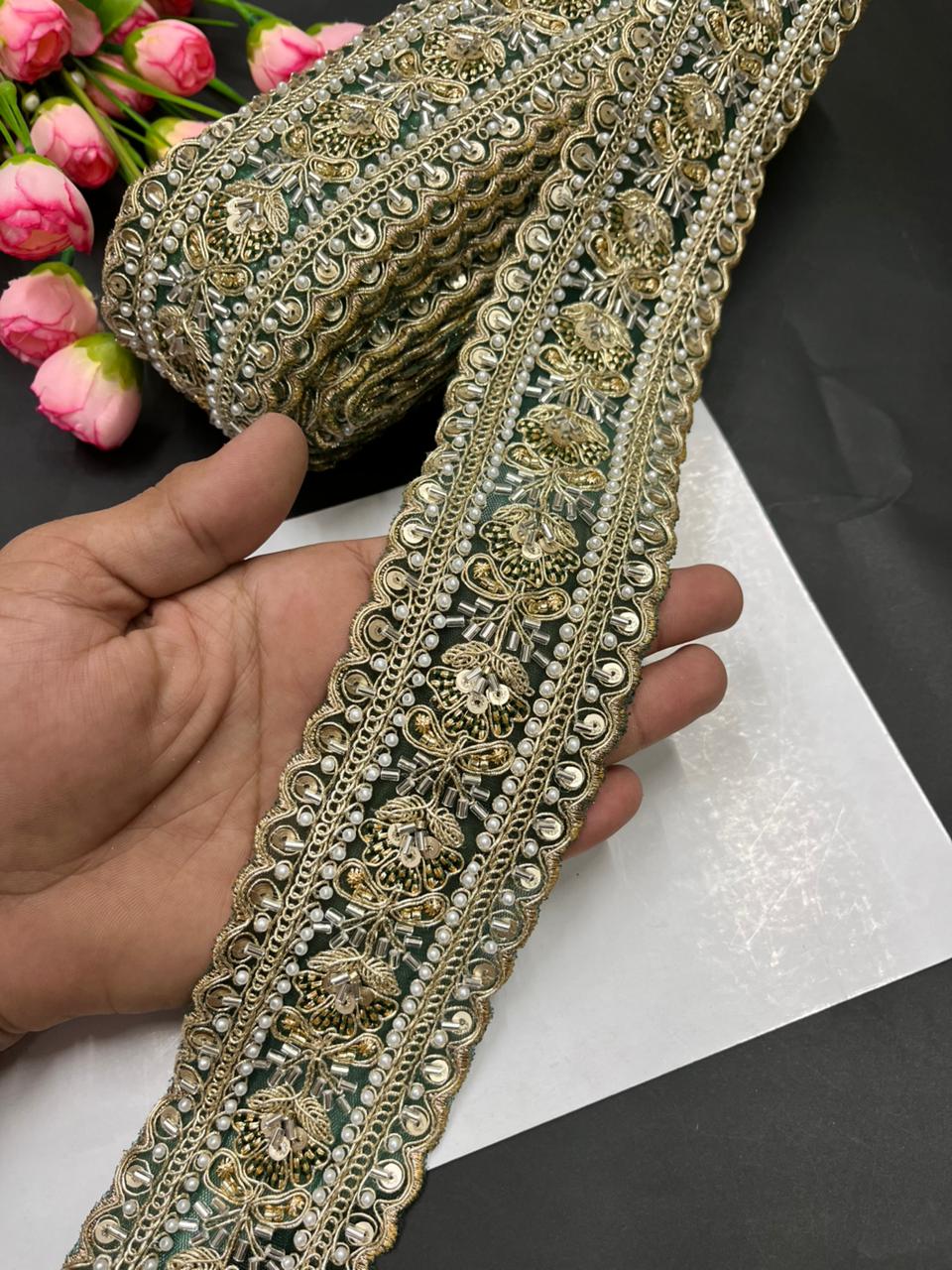 Luxurious Beaded Cutdana Bridal Saree Laces – Heavy Maggam Work Borders for Sarees, Dupattas & Lehengas (9 Meter, 2.5 Inch Width) | Bottle Green