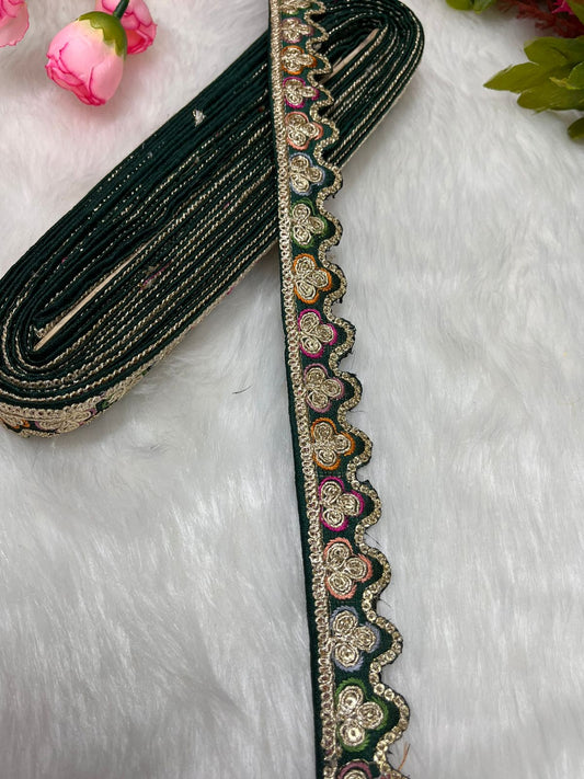 Sabyasachi-Inspired Multicoloured Designer Embroidered Trims – 9 Meter Roll, 1 Inch Wide for Crafting & Fashion | Bottle Green