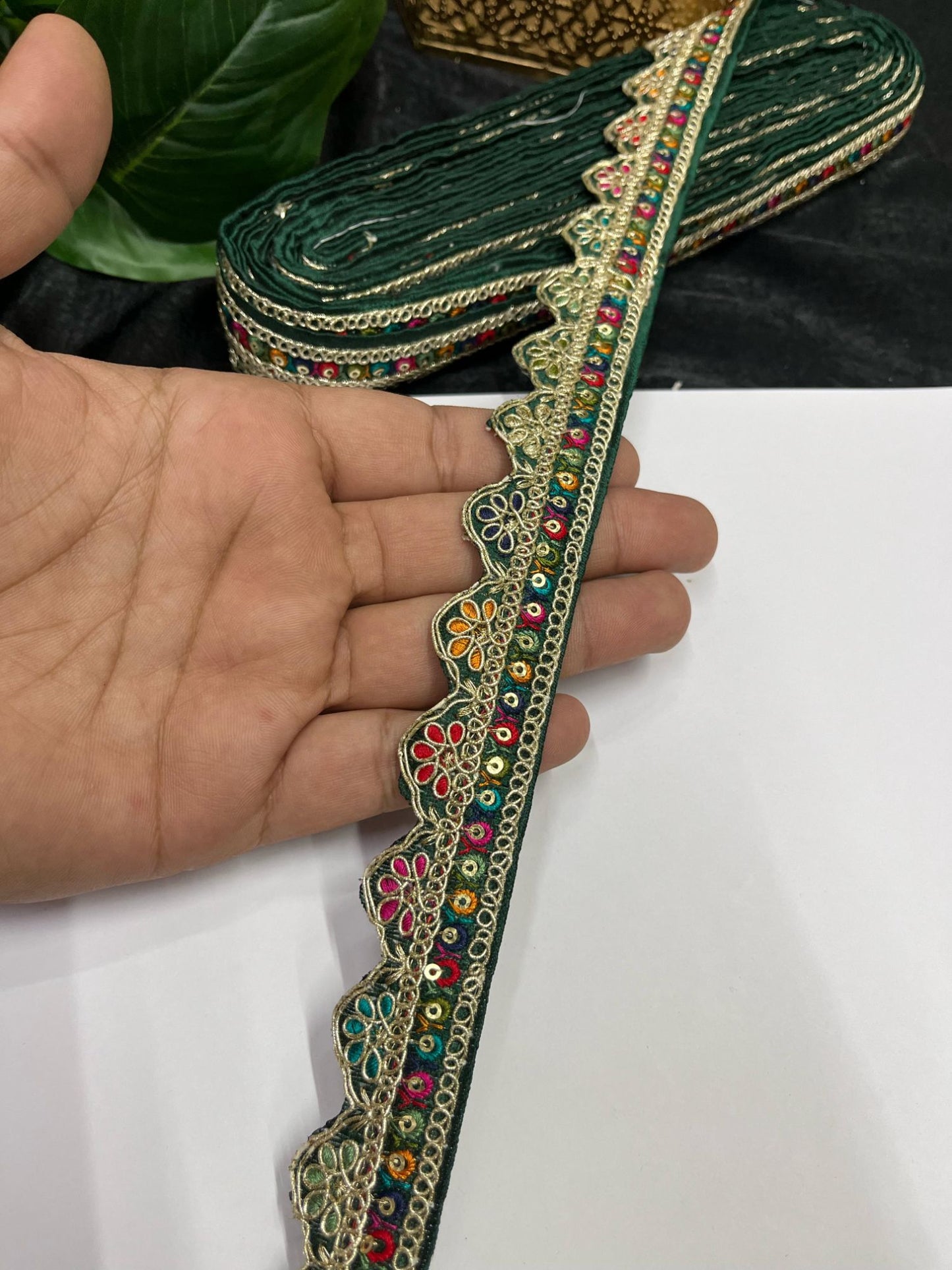 Multicolored Scalloped Sabyasachi Inspired Embroidered Lace – 9 Meters, 1-Inch Designer Trim for Sarees, Lehengas & Dupattas | Bottle Green
