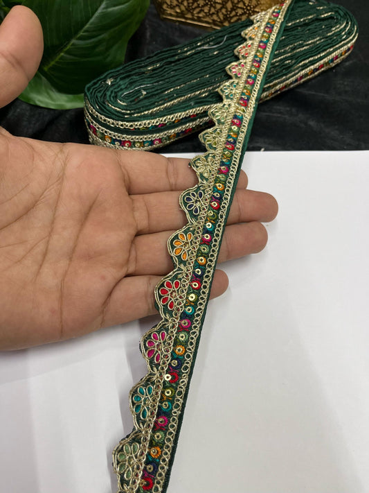 Multicolored Scalloped Sabyasachi Inspired Embroidered Lace – 9 Meters, 1-Inch Designer Trim for Sarees, Lehengas & Dupattas | Bottle Green