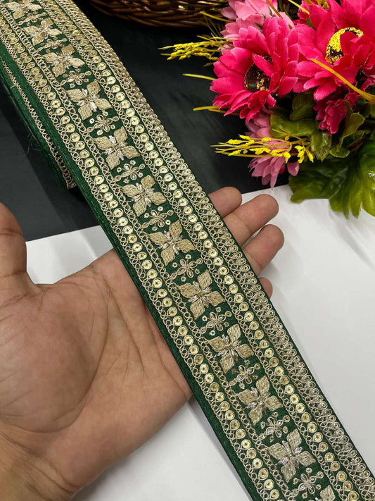 Zari Embroidered Saree Lace Border Trim for Dupatta & Dresses – Fancy Embellished Lace (9 Meter) | Bottle Green