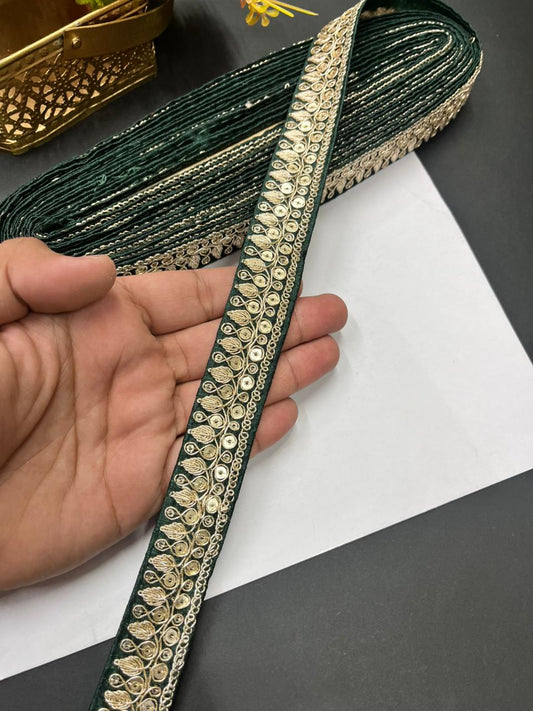 Zari Embroidered Silk Lace – Premium Designer Border for Sarees, Lehengas & Dupattas (9 Meter, 1 Inch Width) | Bottle Green