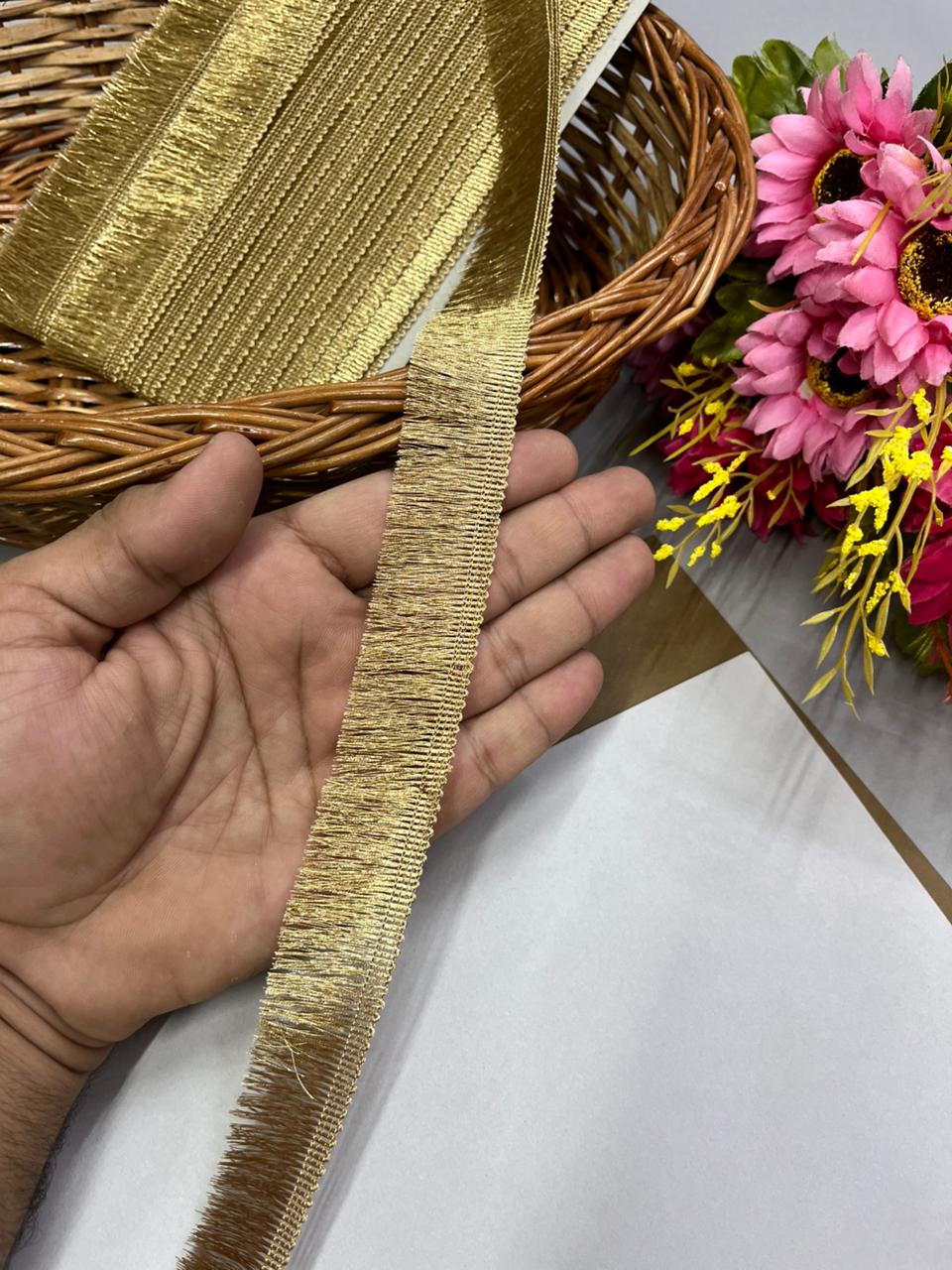 Fringe Lace for Dupattas | Zalar Lace | Zari Thread Lace – Premium 1 Inch Latkan Style Decorative Border for Ethnic & Festive Wear (9 Meter) | Bright Gold