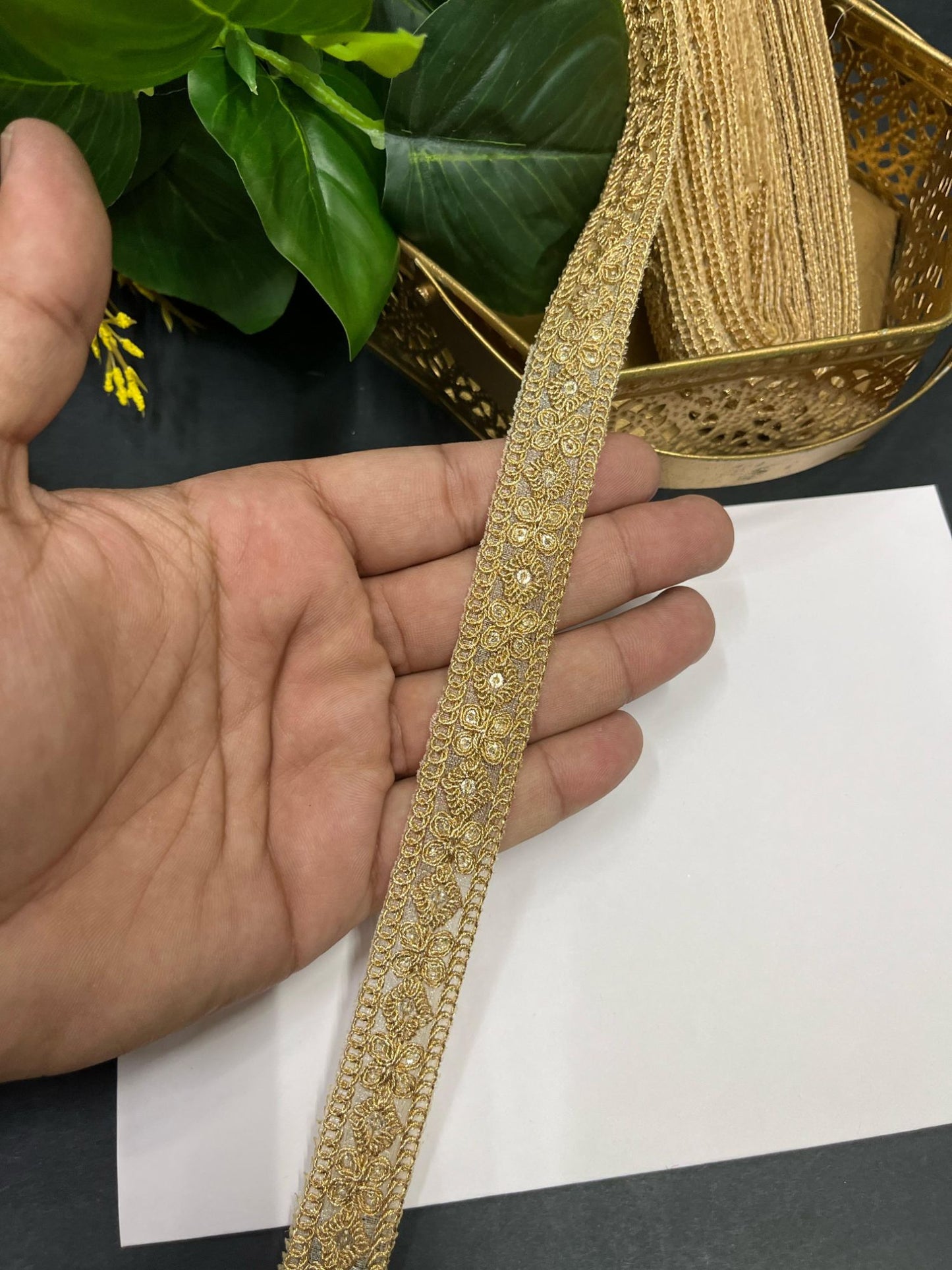 Graceful Gold Zari Embroidered Lace – 9 Meters, 1-Inch Traditional Border Trim for Sarees, Lehengas & Dupattas | Bright Gold