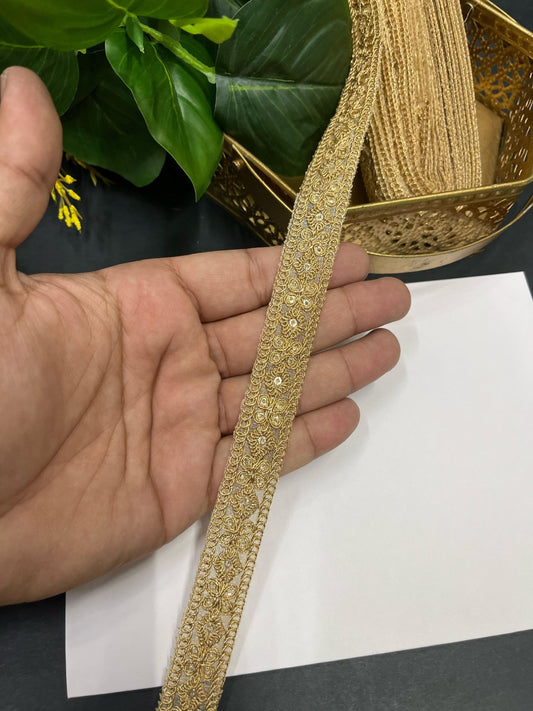 Graceful Gold Zari Embroidered Lace – 9 Meters, 1-Inch Traditional Border Trim for Sarees, Lehengas & Dupattas | Bright Gold