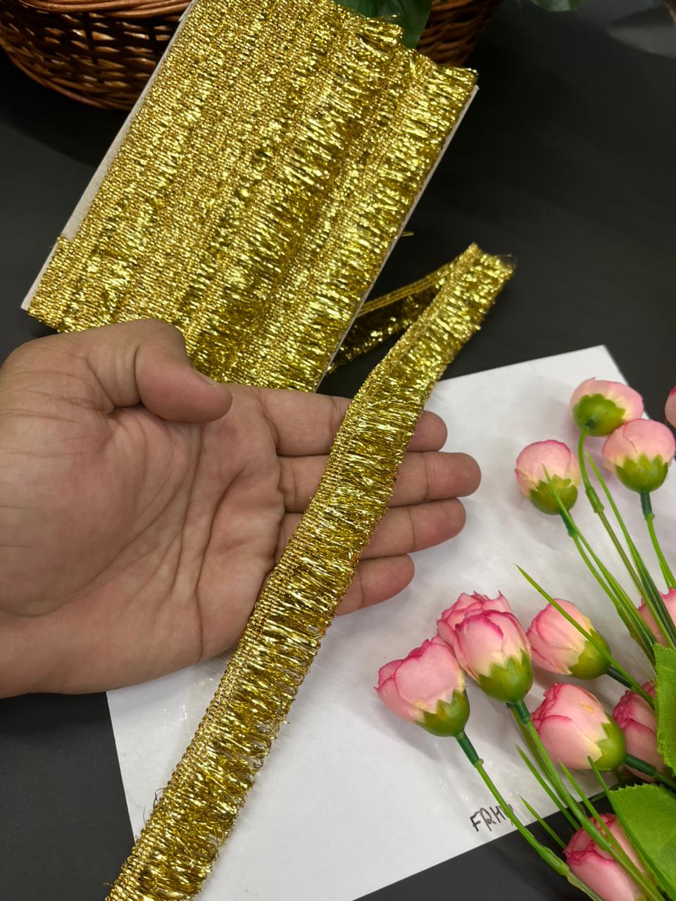 Fringe Lace & Kiran Lace for Dupattas – Decorative Latkan Border for Sarees, Lehengas & Ethnic Wear (9 Meter, 1 Inch Width) | Bright Gold