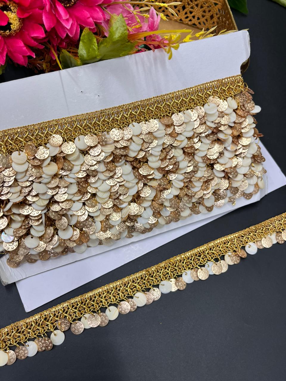 Beautiful Coin Bead Hanging Lace (9 Meter) – Designer Latkan Border for Sarees, Dupattas & Lehengas (1 Inch Width) | Bright Gold