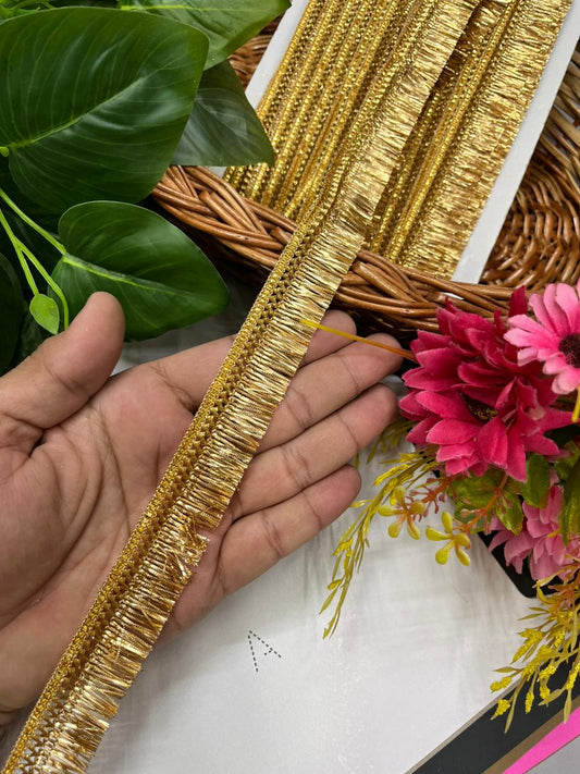 Fringe Lace / Kiran Lace Border for Dupatta – Lightweight Designer Latkan Lace for Sarees, Lehengas & Ethnic Wear (9 Meter, 1 Inch Width) | Bright Gold