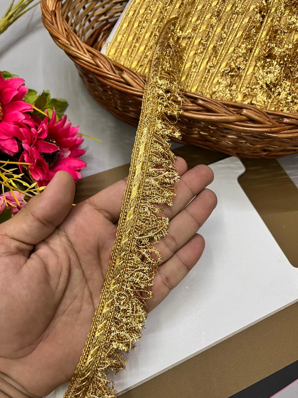 Fringe Lace / Kiran Lace Border for Dupatta – Lightweight Designer Latkan Lace for Sarees, Lehengas & Ethnic Wear (9 Meter, 1 Inch Width) | Bright Gold