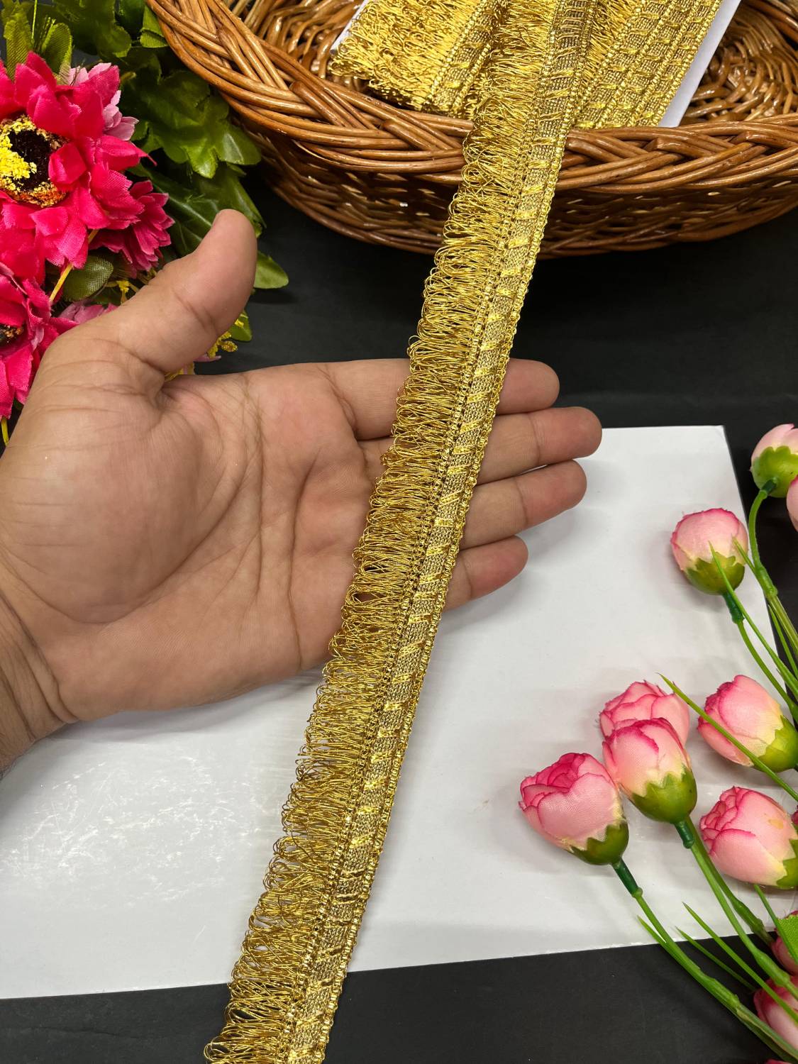 Fringe Lace | Zalar Lace | Dulhan Dupatta Zalar Lace – Traditional Latkan Border Trim for Bridal & Festive Wear (9 Meter, 1.25 Inch Width) | Bright Gold