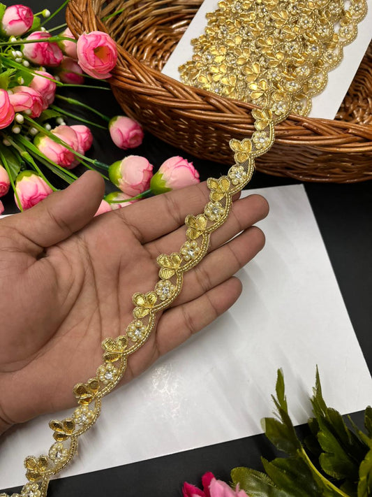 Gota Work Handmade Laces with Beaded Flower – Designer Border for Sarees, Dupattas & Lehengas (9 Meter, 1 Inch Width) | Bright Gold