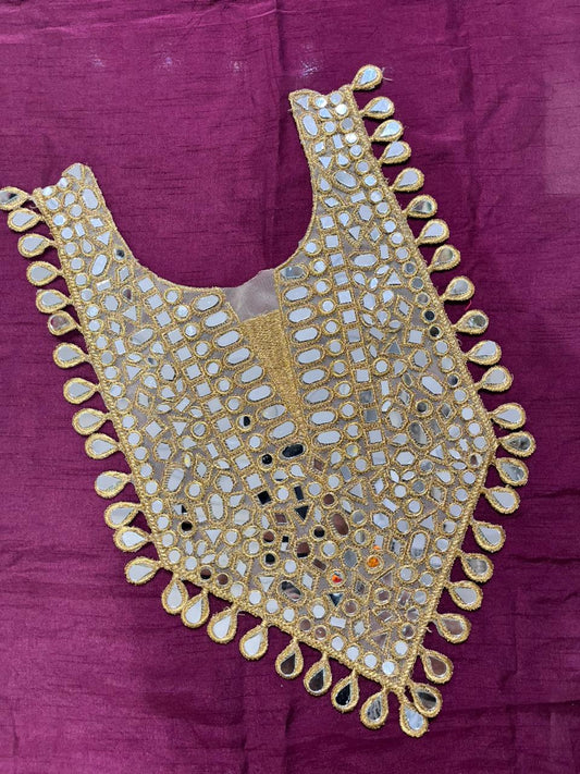 Mirror Work Neck Patch for Dresses & Kurtis – Designer Handcrafted Embellished Neck Applique | Bright Gold
