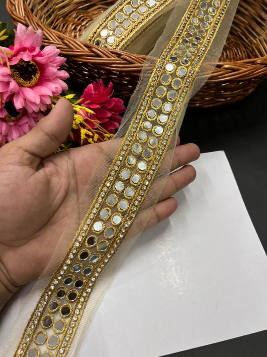 Real Mirror Work Laces & Trims – Designer Mirror Embroidered Borders for Sarees, Lehengas & Dupattas (9 Meter, 1.5 Inch Width) | Bright Gold