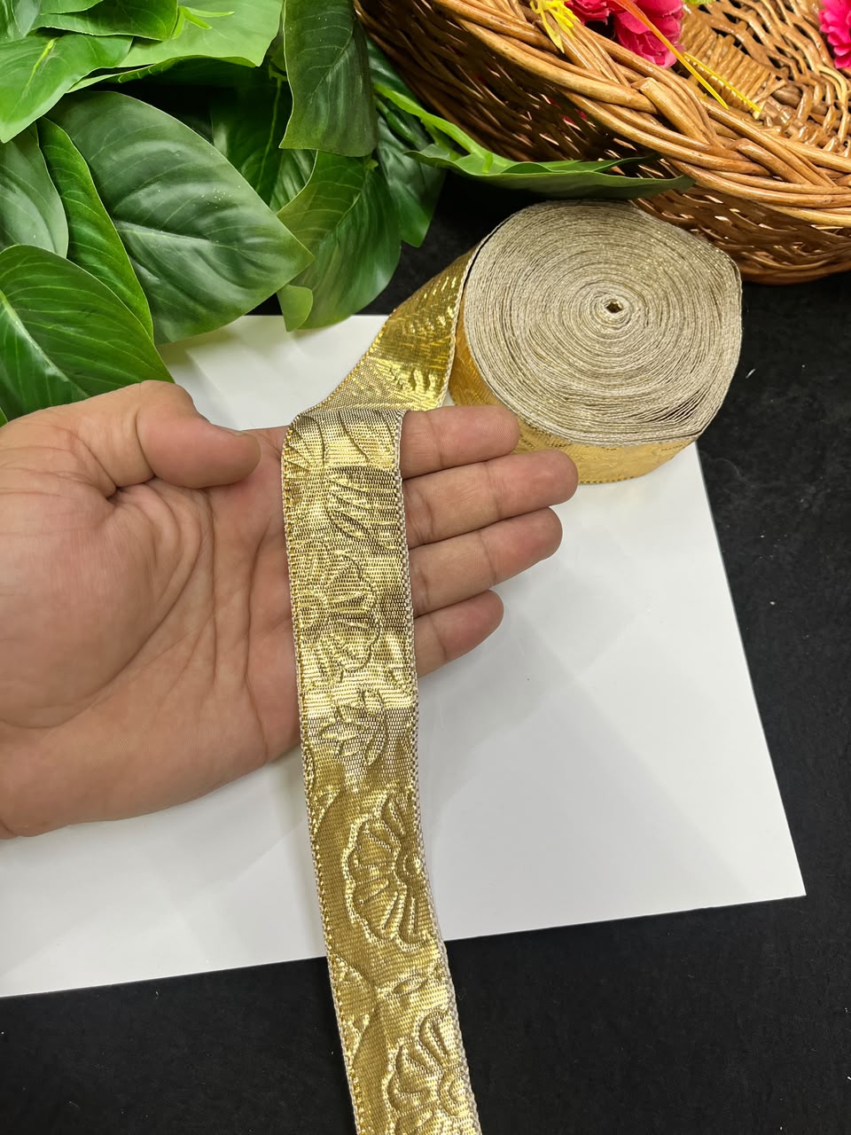 Artificial Plain Gota Lace for Skirts, Lehengas, Sarees & Dupattas – Decorative Gota Patti Lace Border (1.5 Inch) | DC1025 | Bright Gold