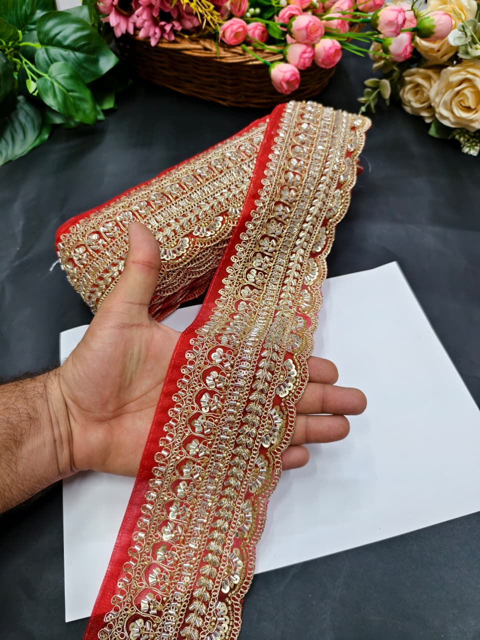 Exclusive Flower Embroidered Saree Lace Design – Premium Maggam Work Lace Border for Ethnic Wear | Bright Red