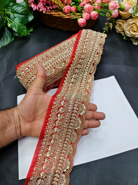 Exclusive Flower Embroidered Saree Lace Design – Premium Maggam Work Lace Border for Ethnic Wear | Bright Red