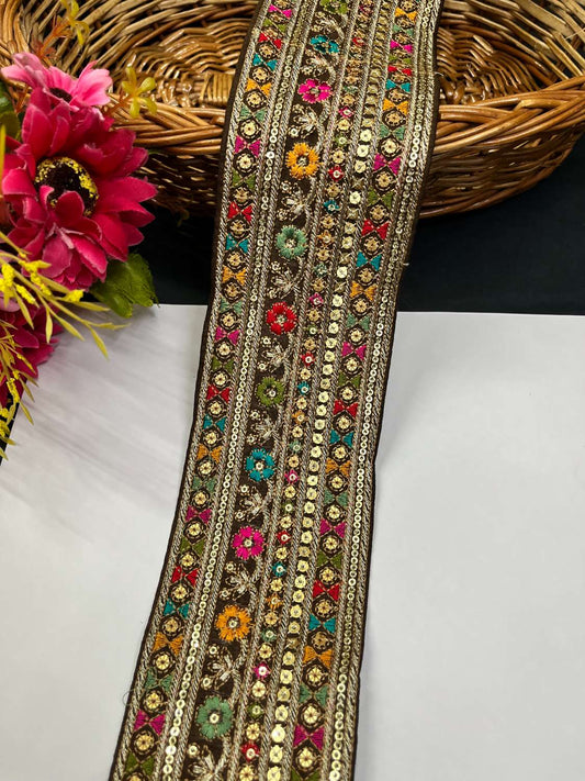 Sabyasachi Inspired Embroidery Lace for Sarees & Dupattas – 3 Inch Wide Lace Border (9 Meter) | Brown
